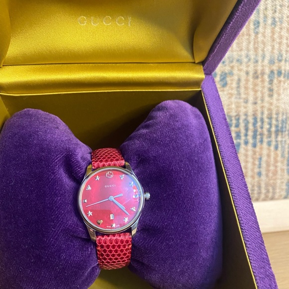 27mm Gucci G-Timeless Red Mother of Pearl Lizard Leather YA126584 - Picture 5 of 10